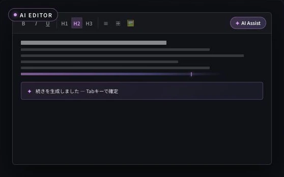 Tenak AI公式サイトのAIエディター機能図解。文章の編集とAIによる執筆支援を紹介する画面
