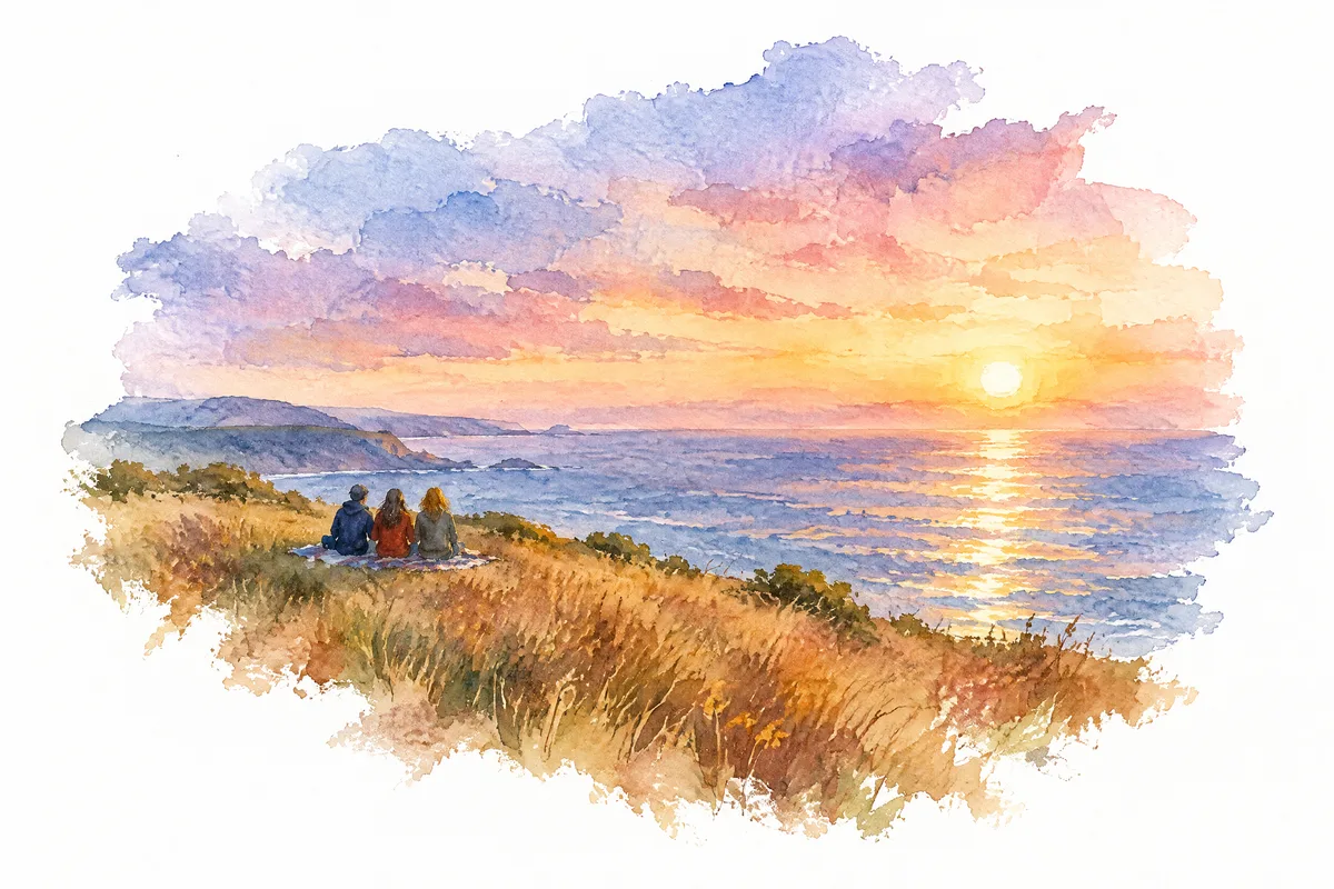 夕暮れの海を眺める3人を描いた水彩の制作素材